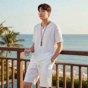 남성 린넨 반팔 트레이닝 세트 여름 오버핏 상하의 투피스