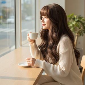 내추럴 시스루뱅 로맨틱 분위기 웨이브 메쉬 통 가발 여성 간편 착용 머리삔 실핀 세트