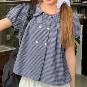 체크 블라우스 반팔 퍼프 퍼프소매 세일러 카라 더블 버튼 셔츠 여성 여름 데일리