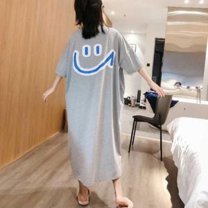 여성 실내 여름 반팔 박시 롱 면 원피스 스마일 코디