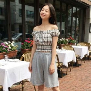 HL] 블라우스 체크 베이직 리본 오프숄더 여성셔츠