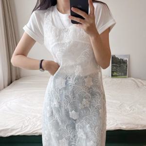 니카라 플라워 시스루 레이스 레이어드 나시 롱 원피스