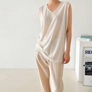 린넨 면 스판 브이넥 민소매 여성 나시 빅사이즈 홈웨어 마실룩 바캉스 이너티 여름 휴가 코디
