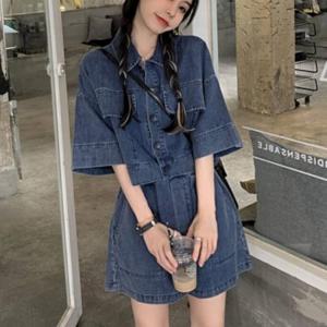 여성 데님 반팔 셔츠 반바지 투피스 셋업 코디 세트 간절기