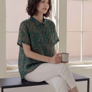 여성 여름 린넨 꽃무늬 넥셔링 반팔 티셔츠 블라우스