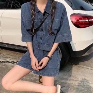 투피스 셋업 반바지 코디 세트 여성 반팔 데님