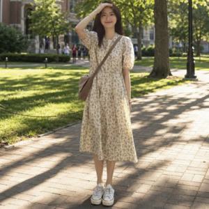 모엘라 잔꽃 플로럴 반팔 롱원피스 여성 루즈핏 데이트 캠퍼스룩