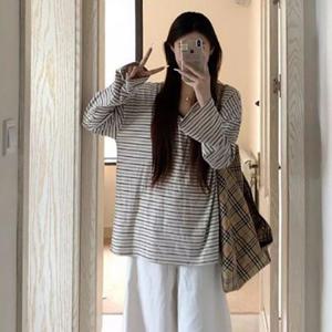 여자 데일리 루즈피 스타일 베이지톤 스트라이프 긴팔 티셔츠 맨투맨 레이스 나시 형광