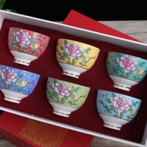 [순수] 레트로 플라워 다기 찻잔 6p세트(80ml) (작약) 도자기찻잔 꽃무늬찻잔 꽃무늬다기 고급다기찻진