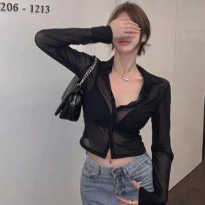 시스루 크롭 셔츠 블라우스 슬림핏 여성 긴팔 섹시룩 남방