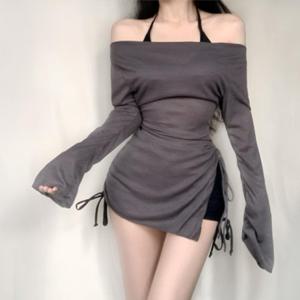 여성 시스루 오프숄더 셔링 슬림핏 수영복 3pcs 세트