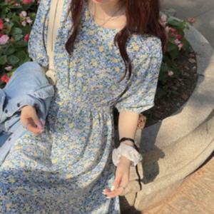 간절기롱원피스 블루 클릭유도 플라워 출근용원피스 반팔원피스 드레스 화사한 우아한무드 여성 A라인 하객