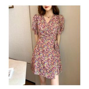화사한 원피스 여름 미니 소매 프릴 데이트 원피스 꽃무늬 휴양지룩 플라워 랩 A라인 브이넥 원픽 셀파