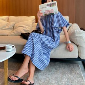 루즈 데일리 체크 편안한 롱 여름 원피스 오버핏 반팔 여성 원픽