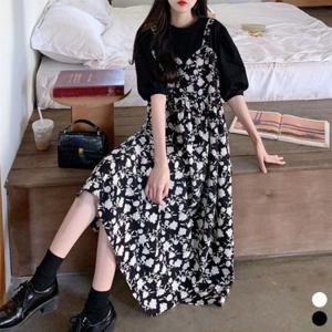원피스 레이어드 플라워 뷔스티에 여름 롱원피스 시원한 세트 화사한 티셔츠 패턴 일체형 원픽 셀파