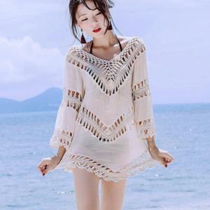 여성 수영복 비키니 커버업 오프 숄더 휴양지룩 시스루 니트