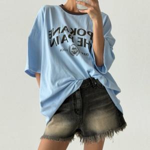 빅사이즈 여성 면 100 반팔 티셔츠 레터링 배색 루즈핏 여름 마실룩 외출복 코디
