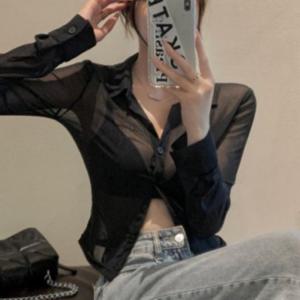 블랙 시스루 카라 셔츠 긴팔셔츠 오버핏셔츠 시스루블라우스