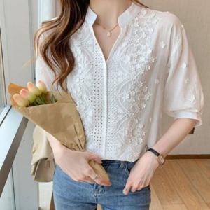 브이넥 자수블라우스 롱 블라우스 블라우스 남방 롱블라우스 여성 숙 숙 솔리드 풍기 전지 블라우스 면 비