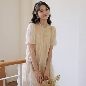 여성 프릴 넥 셔링 티어드 시폰 반팔 롱원피스 캉캉