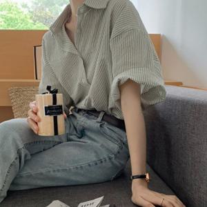 여성 스트라이프 루즈핏 반팔 셔츠 블라우스 린넨