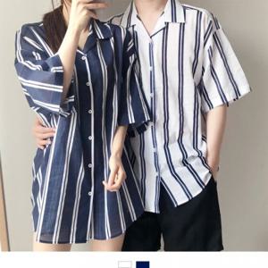 남녀공용 커플 스트라이프 오픈카라 오버핏 반팔 셔츠 시밀러룩 남방