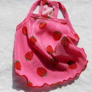 강아지 딸기 안심 나시티 핑크 1P 주름 티셔츠 여름
