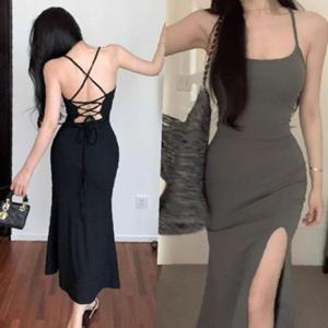 여성 백리스 데일리 옆트임 끈나시 롱원피스 1P 슬림핏 휴가