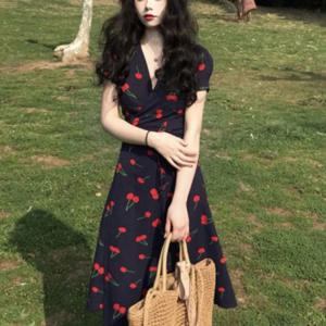 여성 체리 패턴 데일리 여름 반팔 블랙 롱 원피스