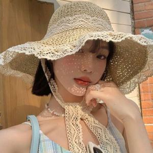 여름 여성 바캉스 햇빛 차단 모자 레이스 끈 휴대용 비치 보넷햇
