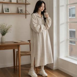 기모 롱 원피스 오픈카라 박시핏 루즈핏 데일리룩 여성 하객룩 가을 겨울 체형커버