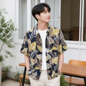 남성 여름 휴가룩 하와이안 야자수 반팔 남방 셔츠 3color