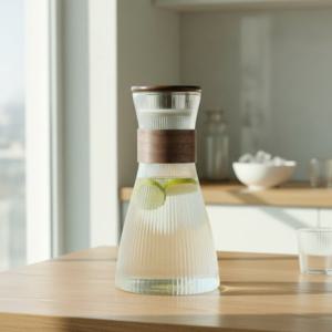 우드캡 내열유리 물병 1.5L C타입 단품 대용량 유리병 홈카페 차병