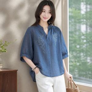 플라워 자수 퍼프 반팔 블라우스 여름 여성 티셔츠 중년 마담 상의