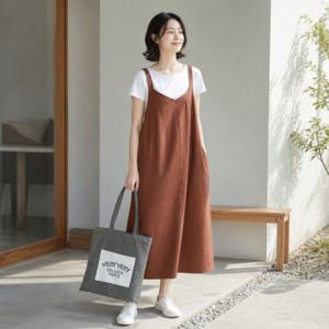 여성 린넨 코튼 혼방 뷔스티에 롱원피스 핀턱 조끼 여름 하객룩 원피스