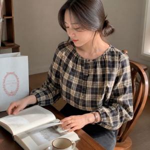 여성 가을 겨울 체크 헨리넥 셔츠 블라우스 긴팔 상의 데일리룩 오피스룩