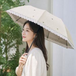 노란색 꽃무늬 3단 우산 레이스 빈티지 패턴 경량 반자동 양산 접이식