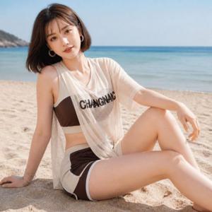 여성 3피스 래쉬가드 커버업 휴가 비치 수영복
