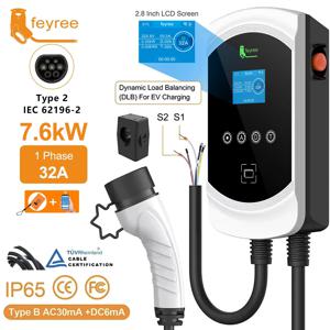 페이리 EV 충전기 타입2 케이블 32A 7.6kW 다이나믹 로드 밸런싱 EVSE 월박스 앱 기능 11kW 22kW 충전 스테이션 전기차