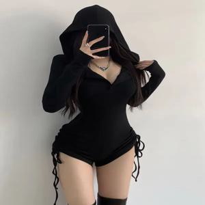 바디 슈트 Y2k 겨울 의류 90s 빈티지 한국 후드 슬림 캐주얼 반바지 점프 슈트 긴 소매 Femme Korea Aesthetic Punk Bodys