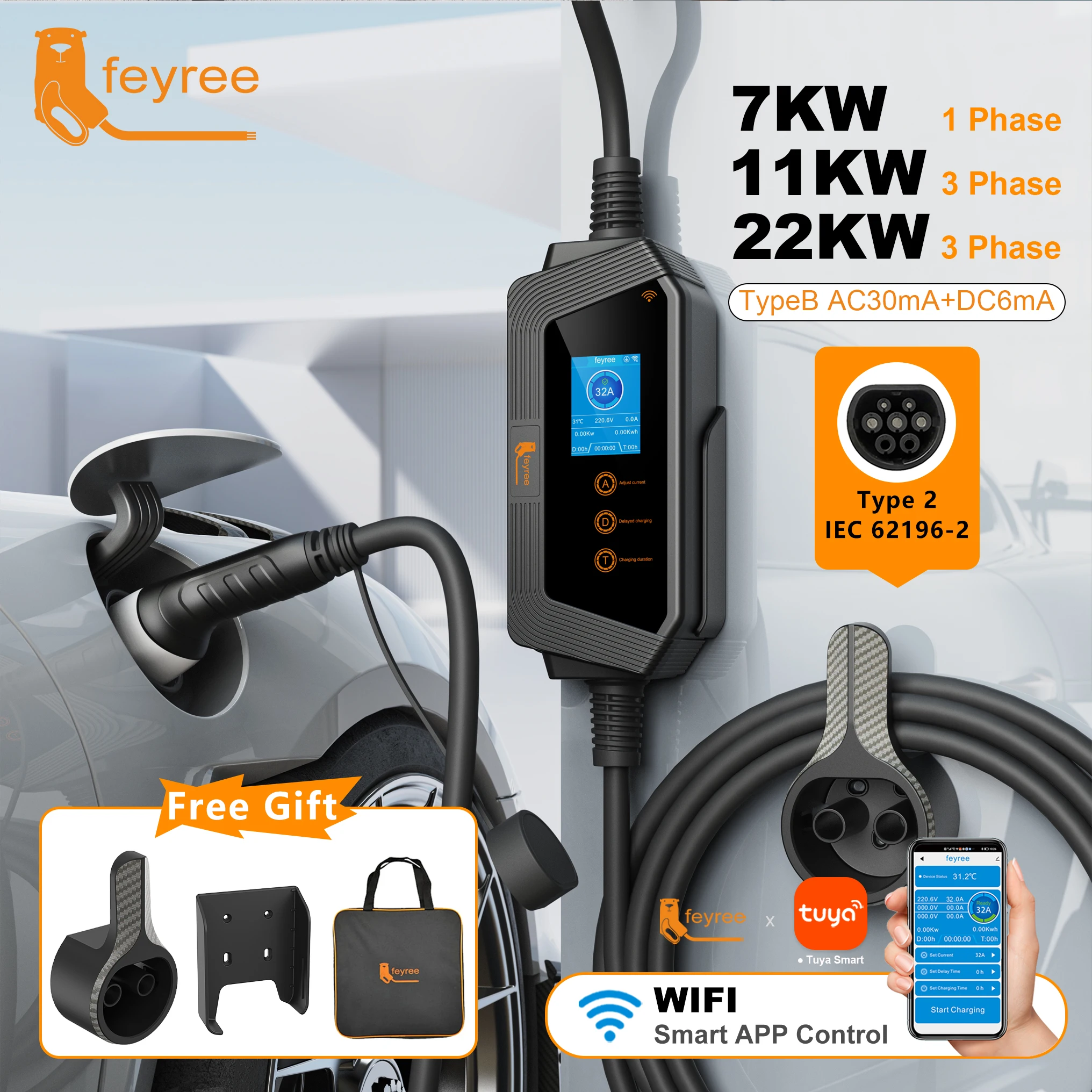 페이리 휴대용 전기차 충전기 타입2 22KW 11KW 3상 고속 충전 32A 7KW 1상 스마트 앱 와이파이 제어 전기차용 충전기