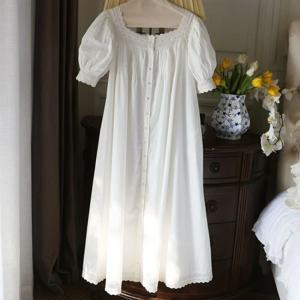 빅토리아 화이트 나이트 드레스 여성 여름 순수 코튼 반팔 긴 Peignoir 빈티지 잠옷 잠옷 공주 Nightwear
