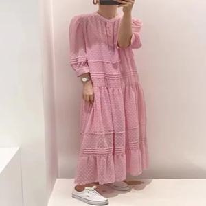 가을 엘레강스 라운드넥 헤비워크 3D 훅 플라워 디자인 루즈핏 롱 드레스 스트랩 여성 스웨터 긴팔 캐주얼 스타일