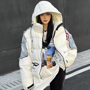 여성 겨울 신상 데님 패치워크 다운 재킷 숏 코트 후드 배색 패치워크 유니크 다운 재킷