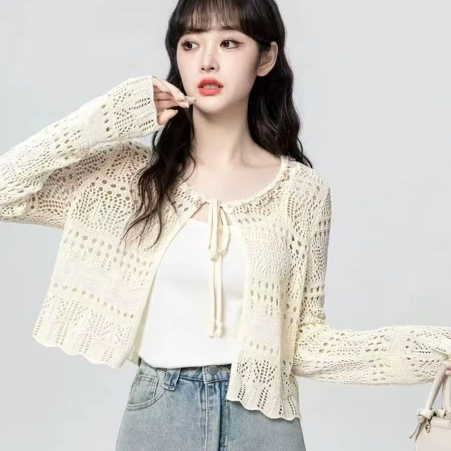 여성 여름 레이스 니트 가디건 긴팔 V넥 오픈워크 크로셰 타이 프론트 자외선 차단 숄 가을용 다용도 커버업