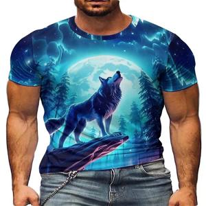 야생 Wolf100의 생생한 3D 그래피티 프린트가 특징인 남성용 여름 속건성 통기성 폴리에스테르 섬유 반소매 티셔츠
