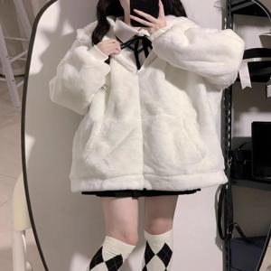 두꺼운 토끼 귀 후드 플러시 재킷 여성용 느슨한 따뜻한 코튼 코트 가을 겨울 새로운 스타일 유행 한국어 버전