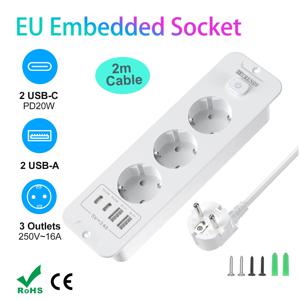 7-in-1 초슬림 내장형 소켓(스위치 포함), 2USB-A+2USB-C, 20W 고속 충전, 과전압 보호 기능, 사무실 및 가정용