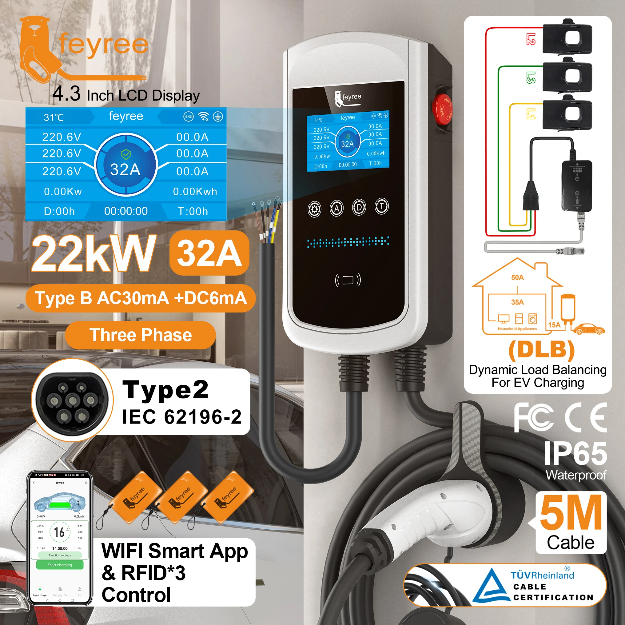 페이리 타입2 32A 7kW 1P DLB EV 충전기 4.3인치 화면 다이나믹 로드 밸런싱 11kW 22kW 3P EVSE 월박스 스테이션 충전 기록 기록 기능 포함