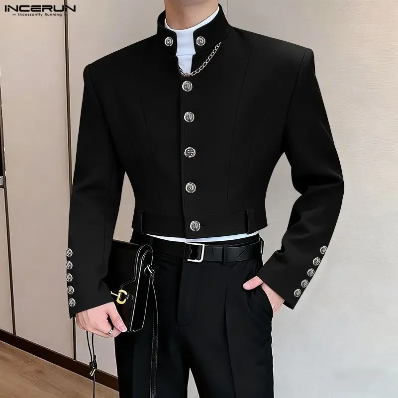 INCERUN 남성 블레이저 솔리드 컬러 스탠드 칼라 긴 소매 버튼 남성 정장 streetwear 2026 한국 스타일 패션 캐주얼 크롭 코트